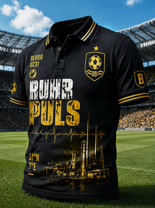 Herren-Poloshirt in Schwarz mit Fußball-Print des deutschen Ballspielvereins Borussia, lässiger Stil