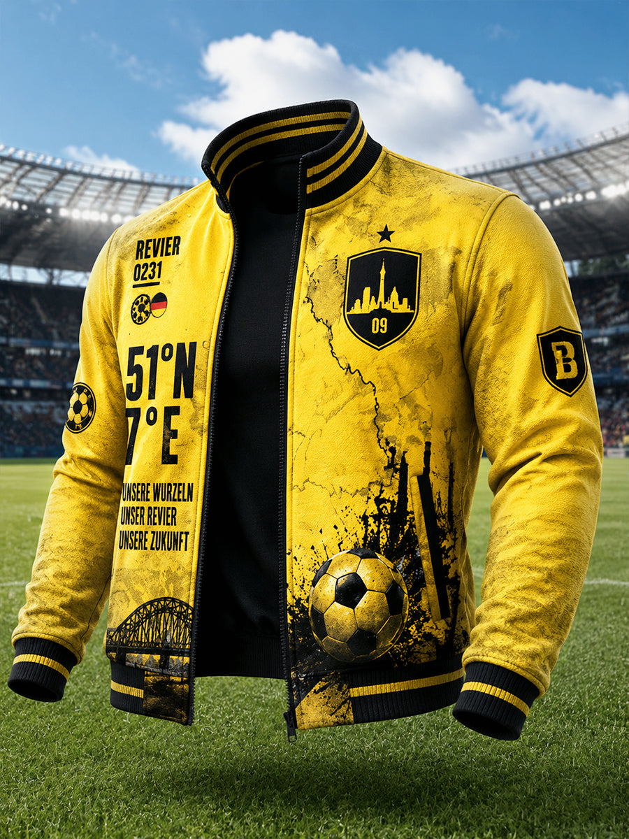 Herren-Jacke in Gelb im deutschen Ballspielverein-Borussia-Stil mit Retro-Print, lässig, mit Reißverschluss