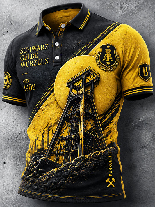 Herren-Deutschland-Ballspielverein-Borussia-Fußball-Retro-Patchwork-Print-Poloshirt