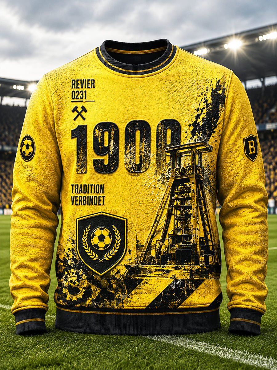 Herren-Gelbes deutsches Fußball-Retro-Sweatshirt mit Ballspielverein-Borussia-Print, lässig geschnitten