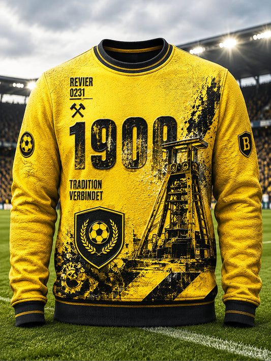 Herren-Gelbes deutsches Fußball-Retro-Sweatshirt mit Ballspielverein-Borussia-Print, lässig geschnitten