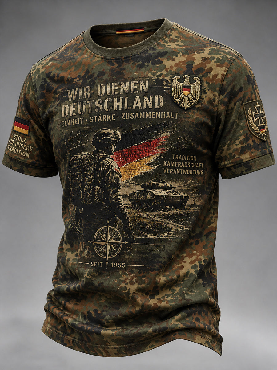Herren-T-Shirt mit kurzen Ärmeln, Vintage-Camouflage- und militärstilistischen Prints