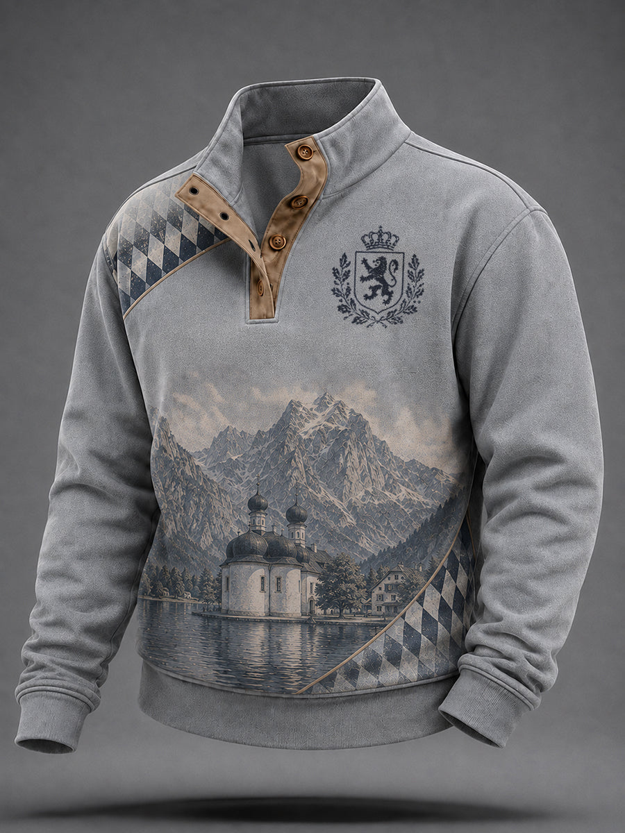 Herren-Sweatshirt im deutschen bayerischen Stil mit vier Knöpfen und Henley-Ausschnitt