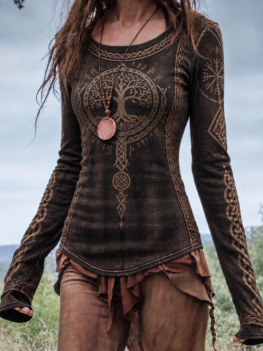Vikinger-T-Shirt für Damen mit Rundhalsausschnitt und langen Ärmeln