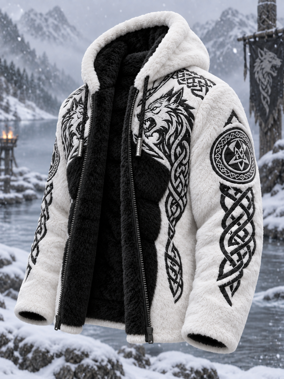 Herren-Viking-Keltenkunst-Plüsch-Kuscheljacke mit Reißverschluss und Kapuze