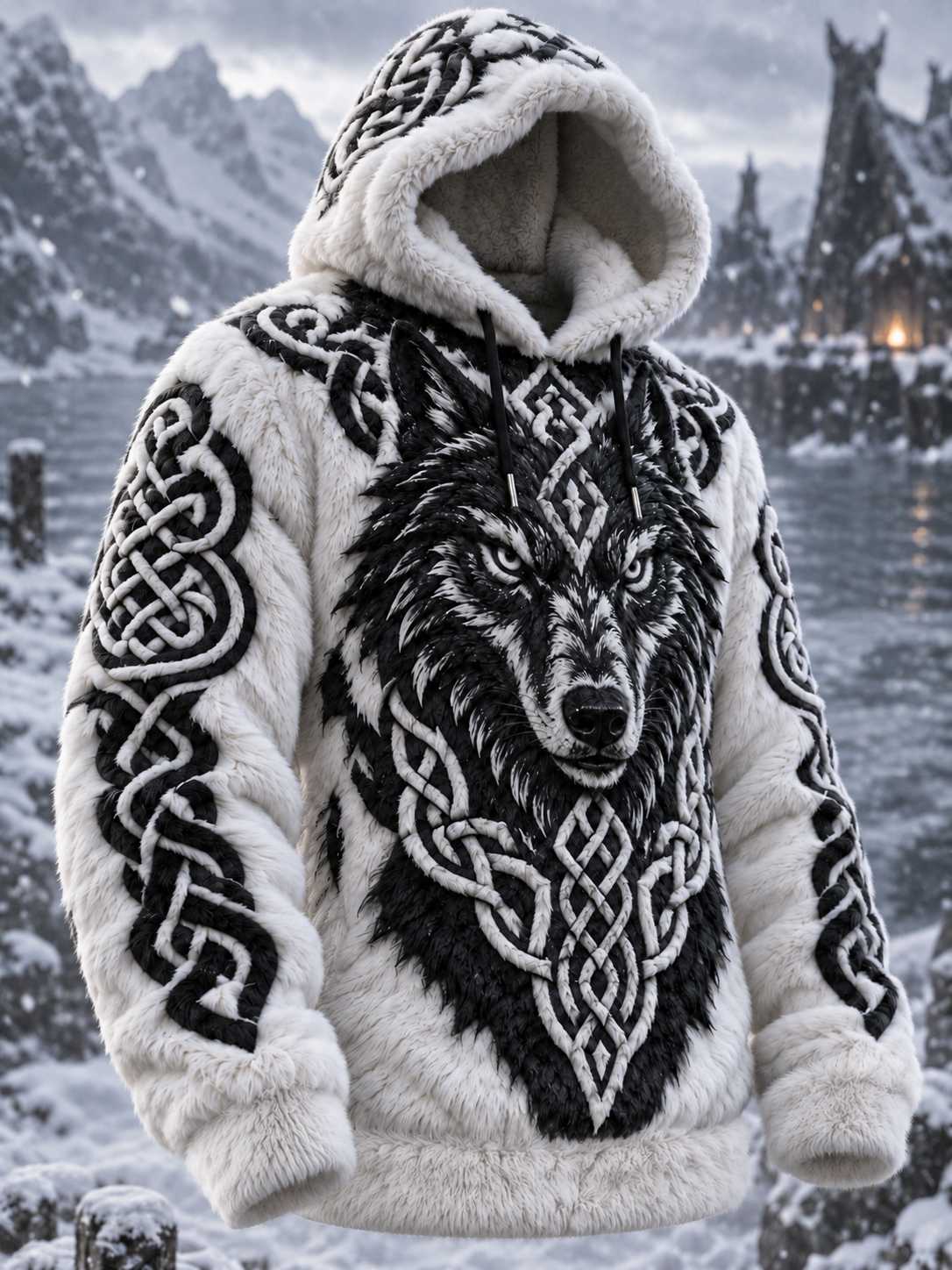 Herren Vintage Viking Wolf Flanell Warm Hoodie
