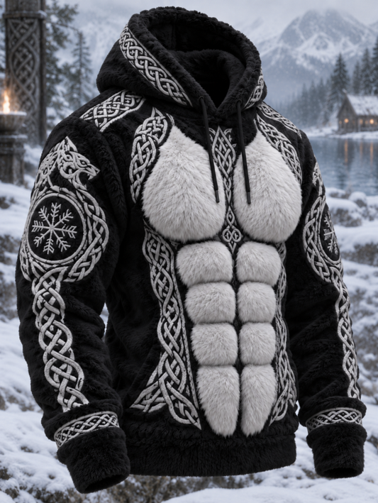 Herren-Viking-Tribal-Jacquard-Keltenknoten-Strickpullover mit Muskelstreifen, inspiriert von Kunst, aus kuscheligem Plüsch, warm und mit Kapuze