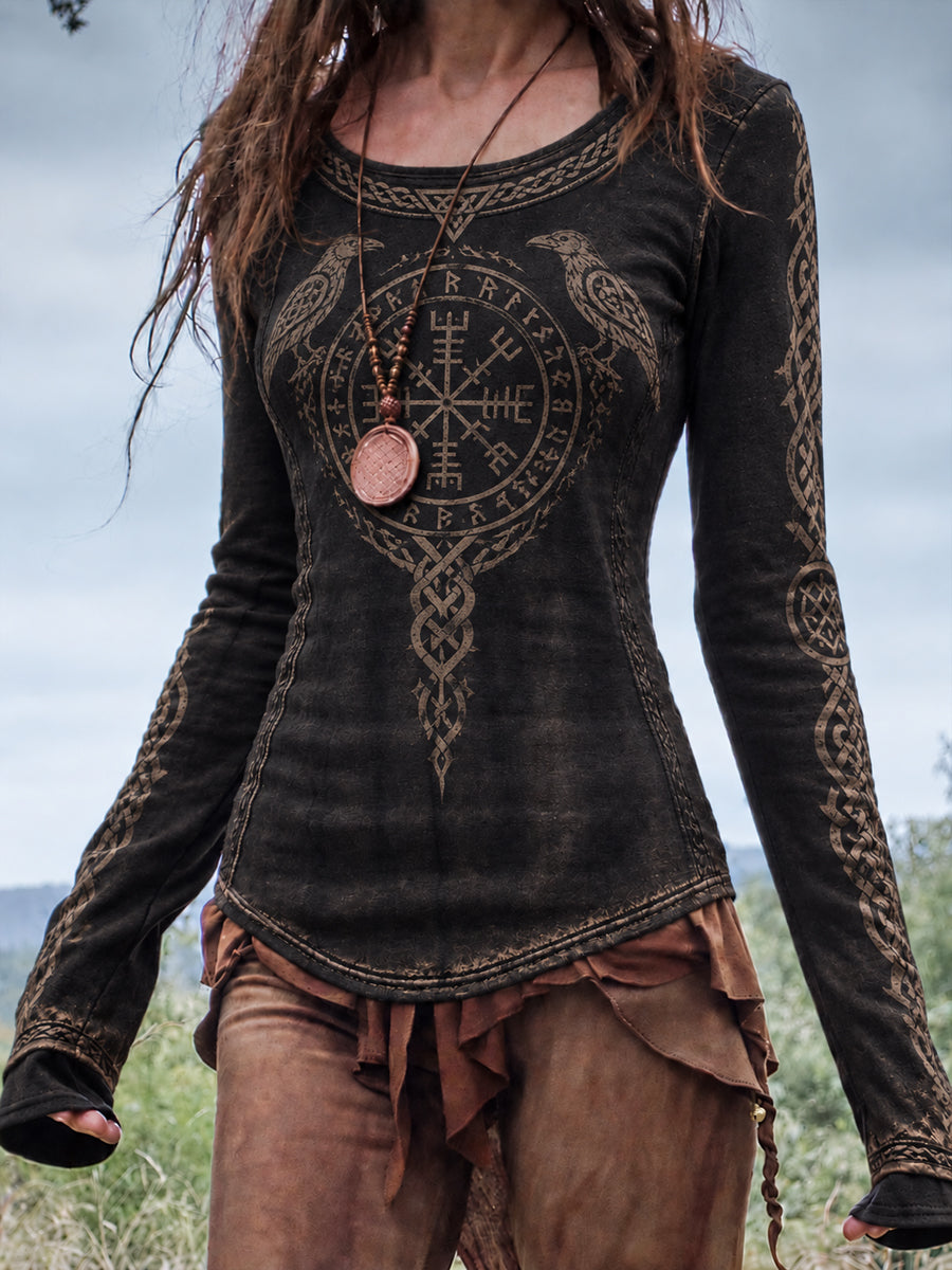 Vikinger-T-Shirt für Damen mit Rundhalsausschnitt und langen Ärmeln