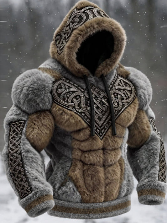 Herren-Viking-Tribal-Jacquard-Flanell-Hoodie mit keltischem Knoten‑Motiv und muskulöser Linienführung – warmes Kunst‑Design