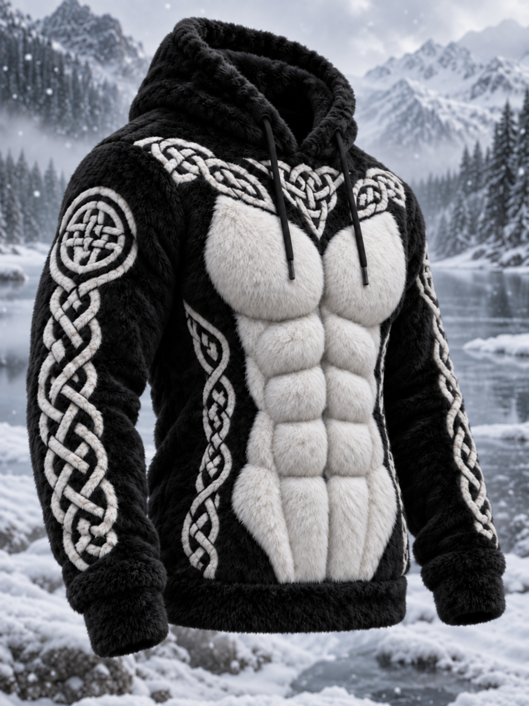 Herren Viking Tribal Jacquard Keltischer Knoten Muskel Linie inspirierte Kunst Plüsch Warm Hoodie