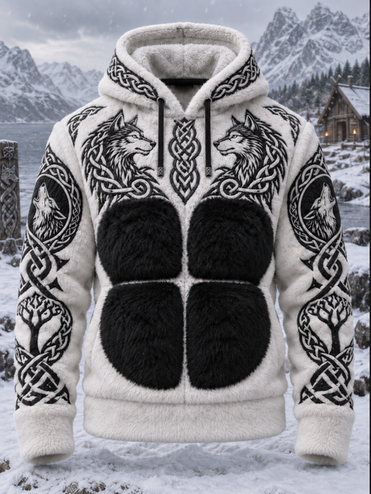 Herren Viking Tribal Style Wolfskopf Jacquard Keltischer Knoten Kunst Flanell Warm Hoodie