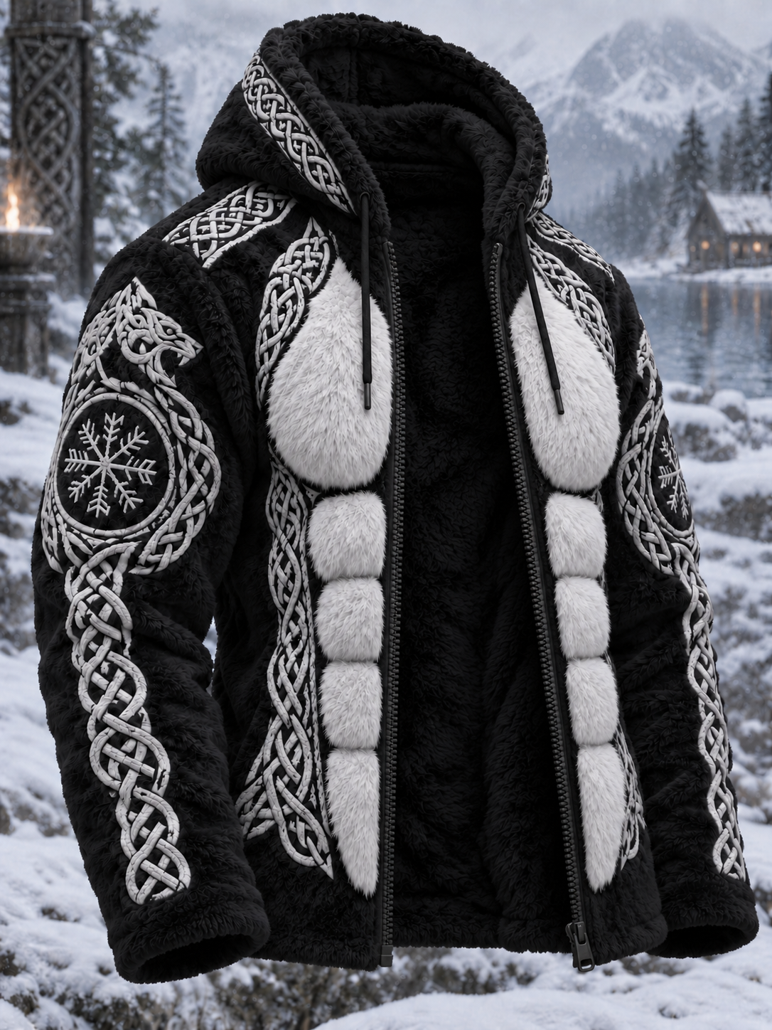 Herren-Viking-Keltenkunst-Plüsch-Kuscheljacke mit Reißverschluss und Kapuze