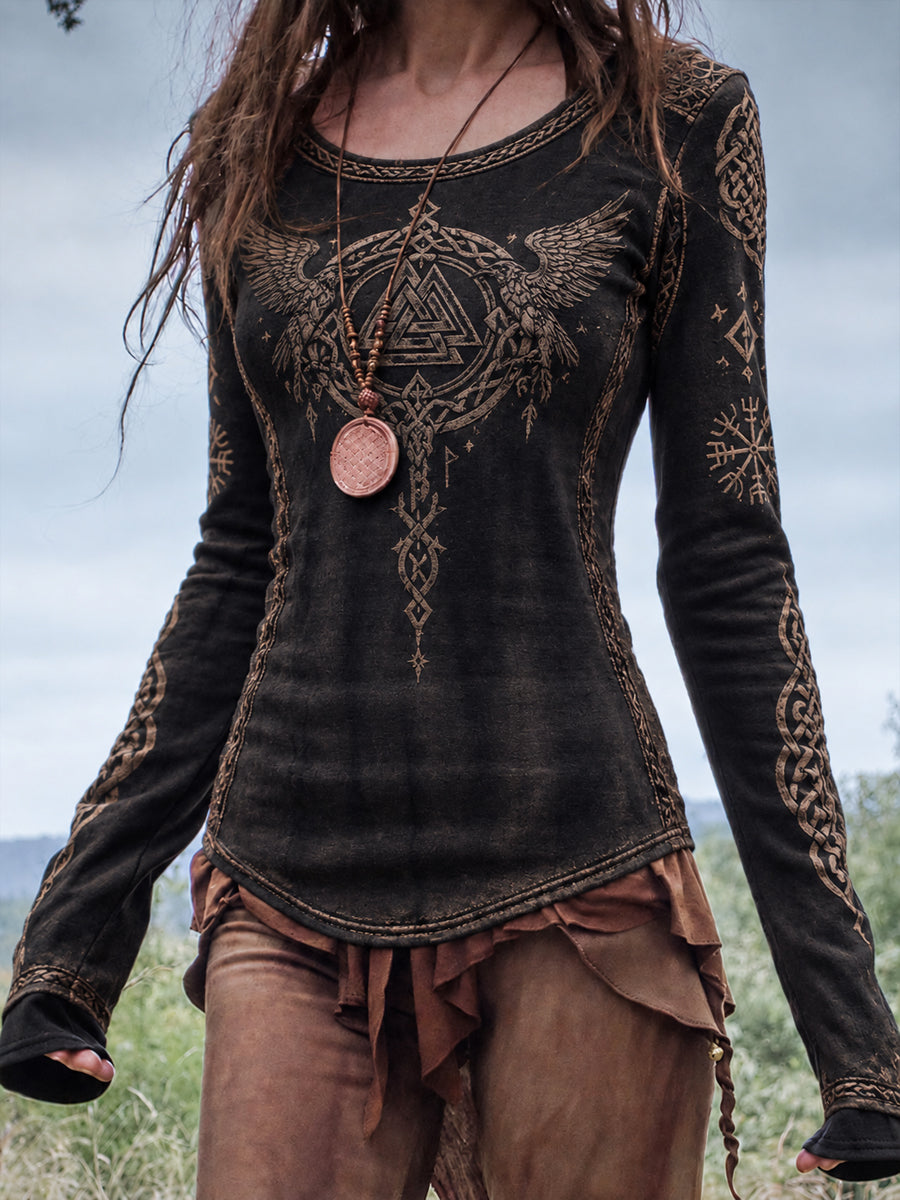 Vikinger-T-Shirt für Damen mit Rundhalsausschnitt und langen Ärmeln