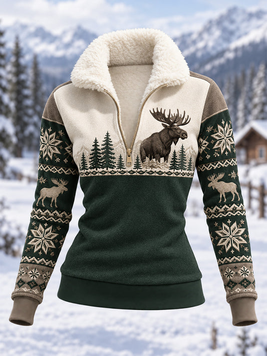 Damen-Winter-Kapuzenpullover aus Fleece im Alltagsstil mit Elch-Print