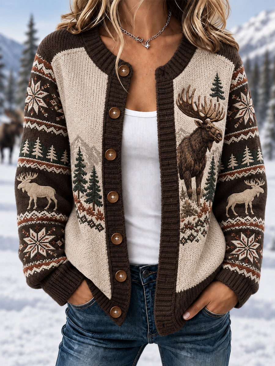 Damen-Winter-Strickjacke mit Elchmuster, lässig