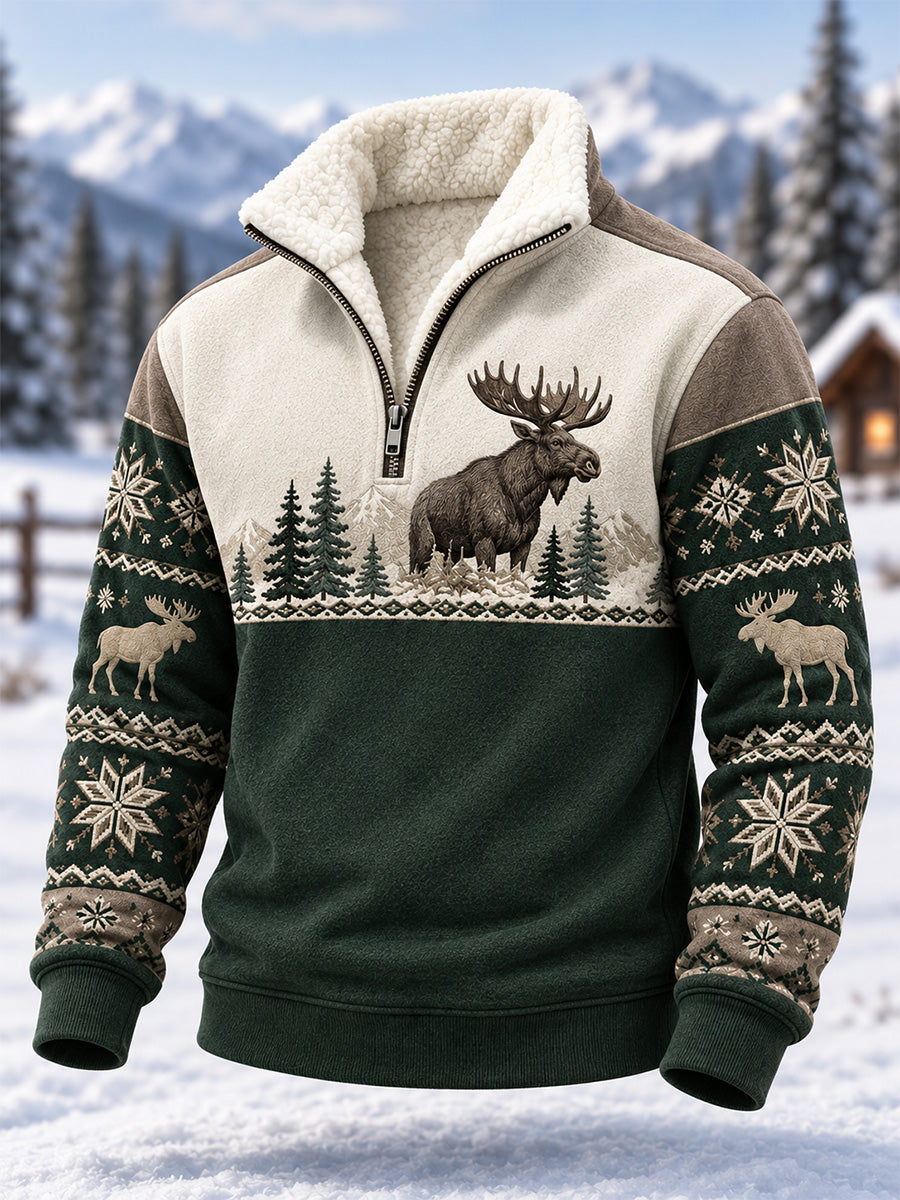 Herren-Winterhemd mit Elch-Print, lässig, aus Plüsch, Stehkragen