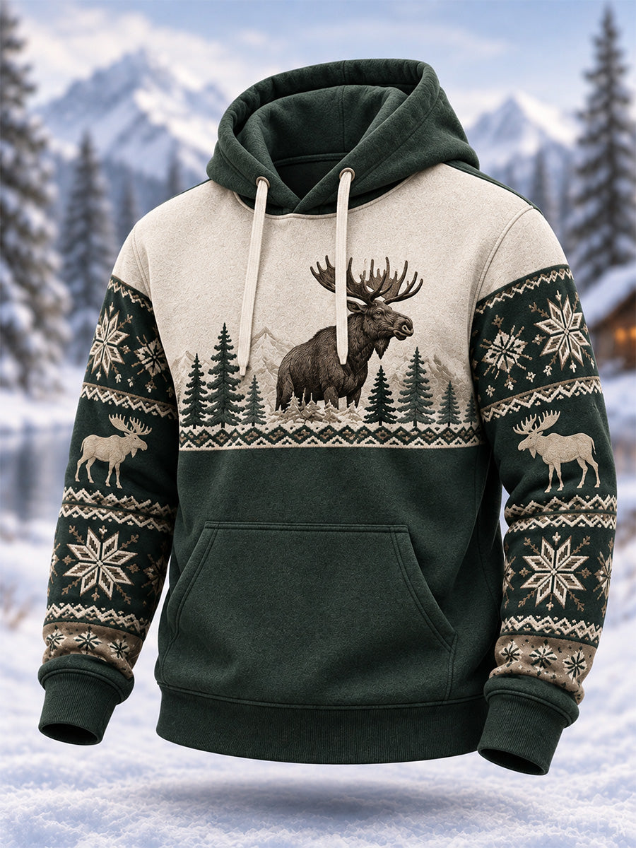 Herren-Hoodie mit Elch-Print für den Winter, lässig geschnitten
