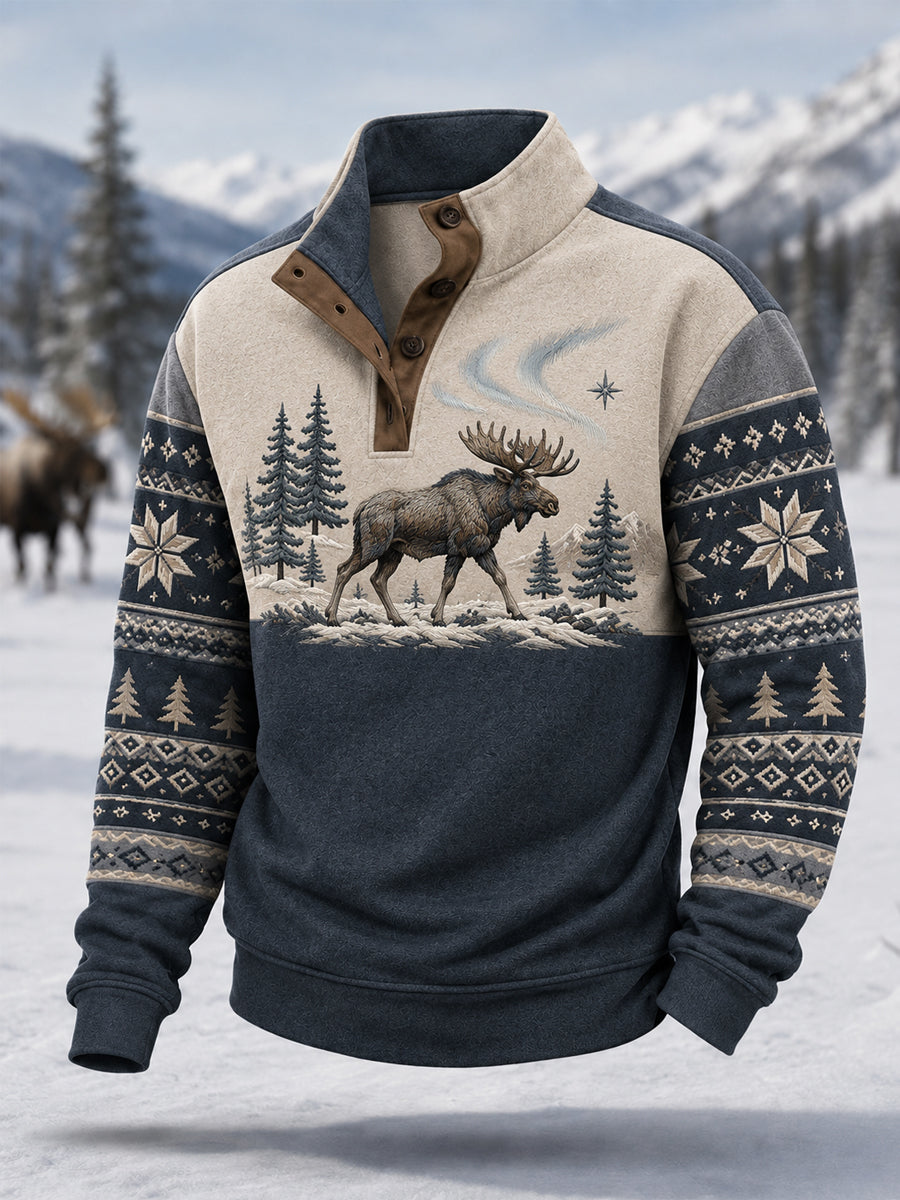 Herren-Winterpullover mit Elchdruck, lässig, mit Knöpfen