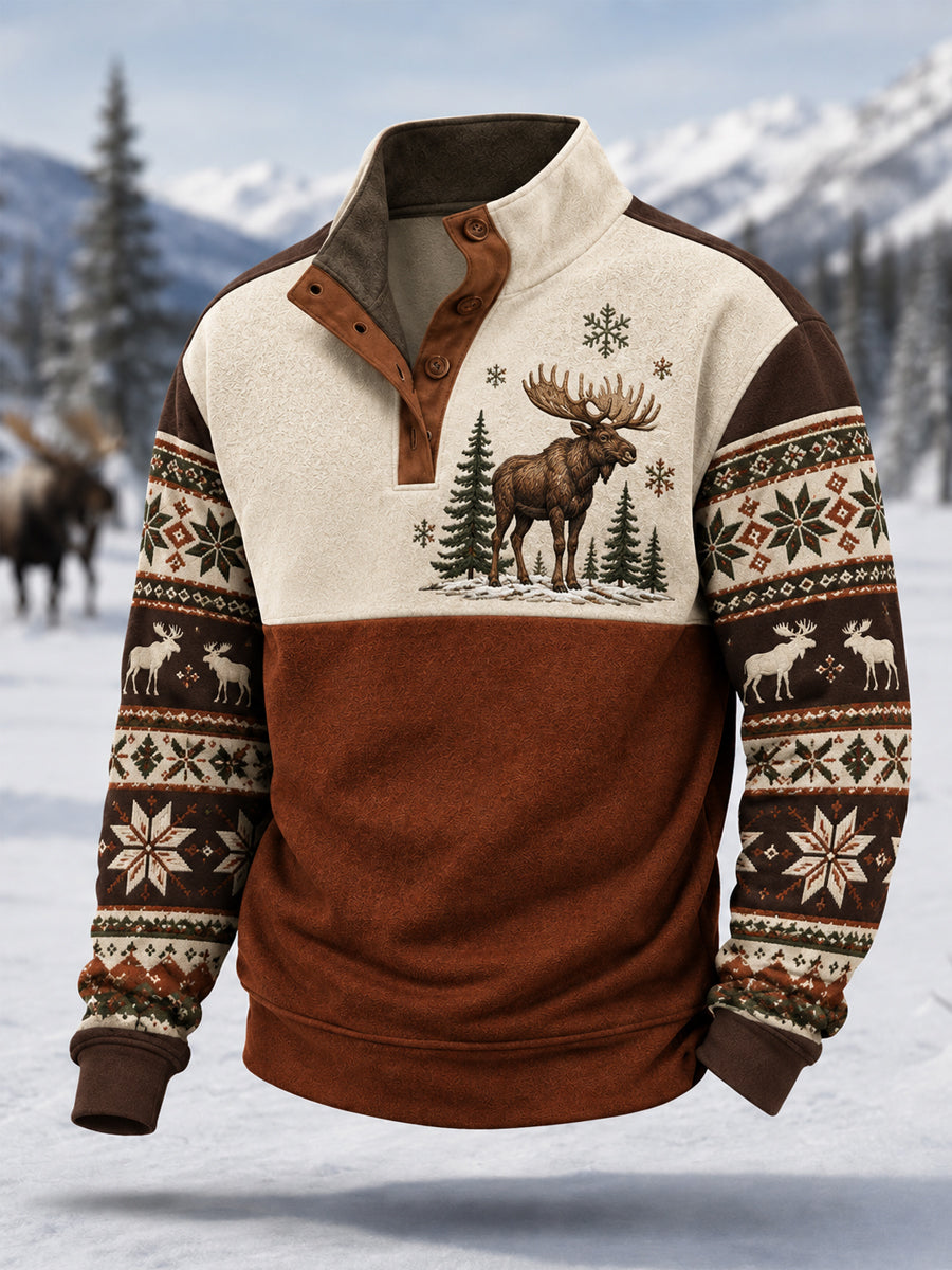 Herren-Winterpullover mit Elchdruck, lässig, mit Knöpfen