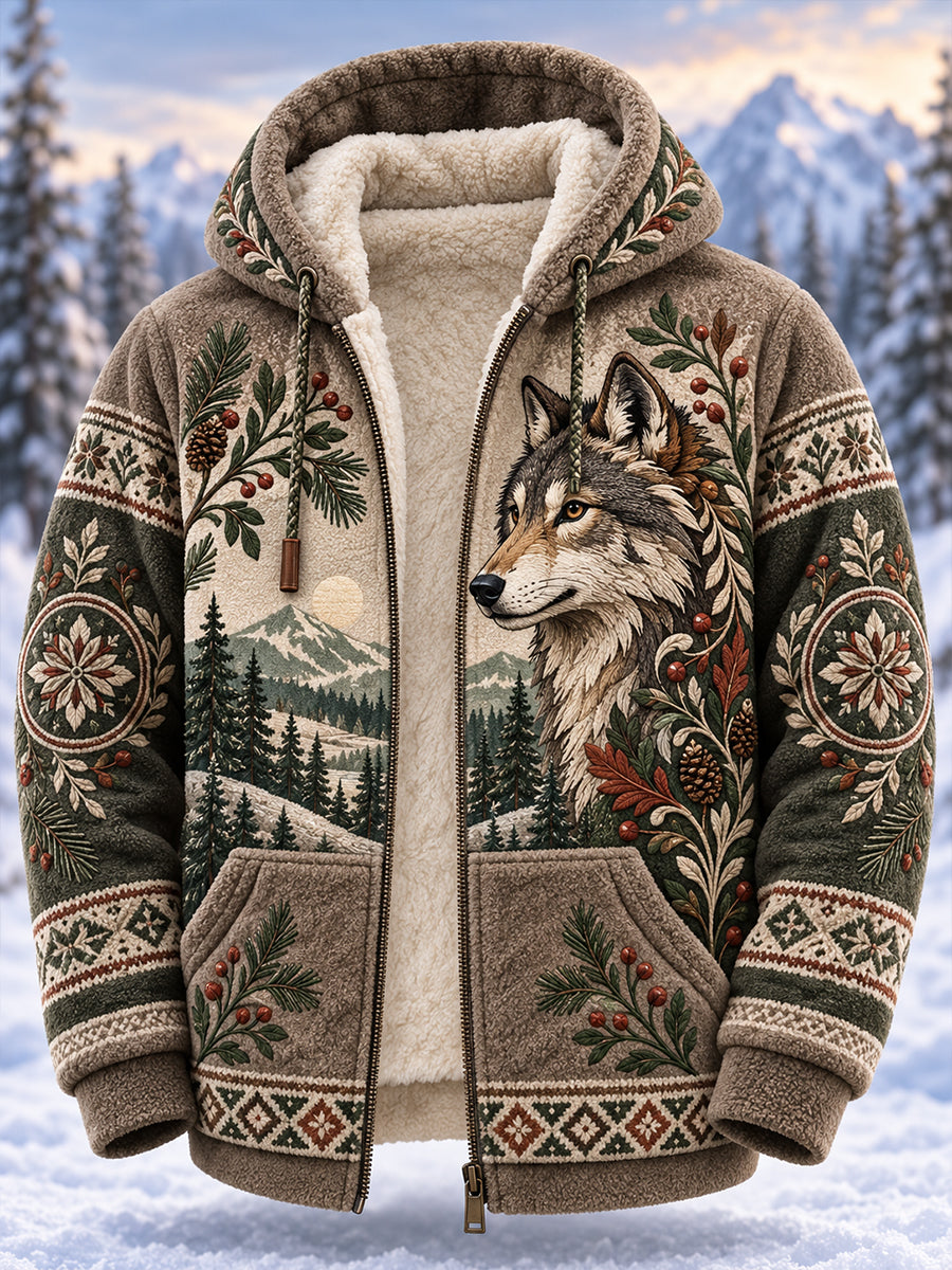 Herren-Kapuzenjacke mit Fleecefutter und nordischen Waldtiermotiven