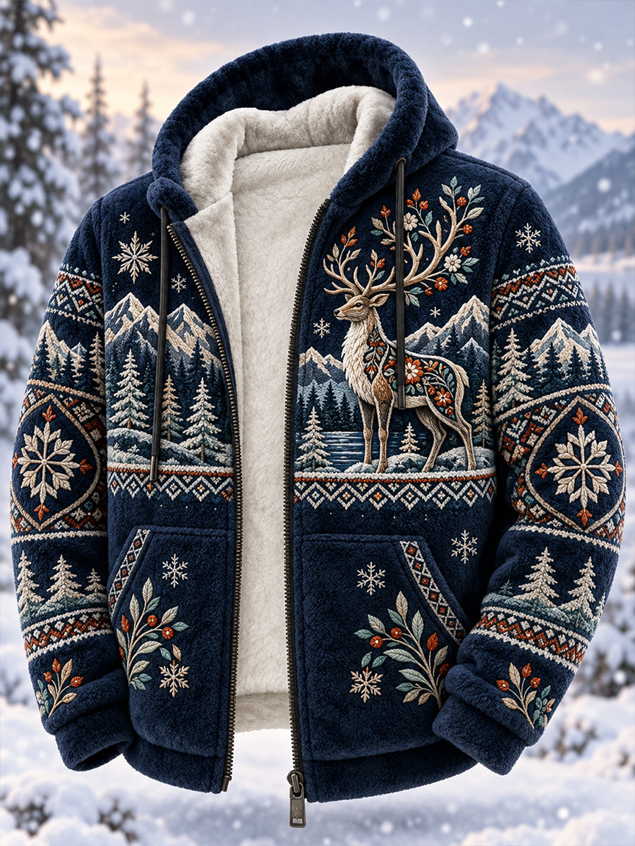 Herren-Kapuzenjacke mit Fleecefutter und nordischen Waldtiermotiven
