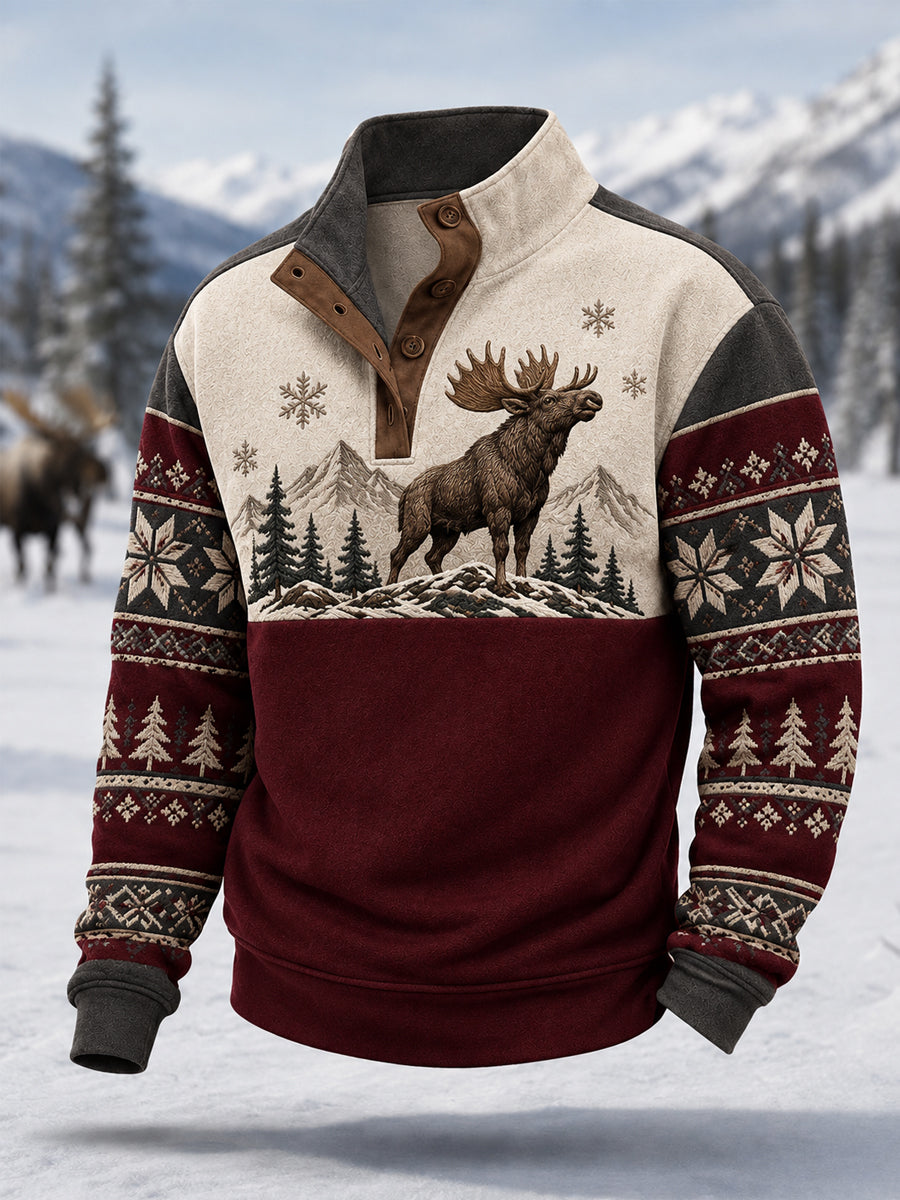 Herren-Winterpullover mit Elchdruck, lässig, mit Knöpfen