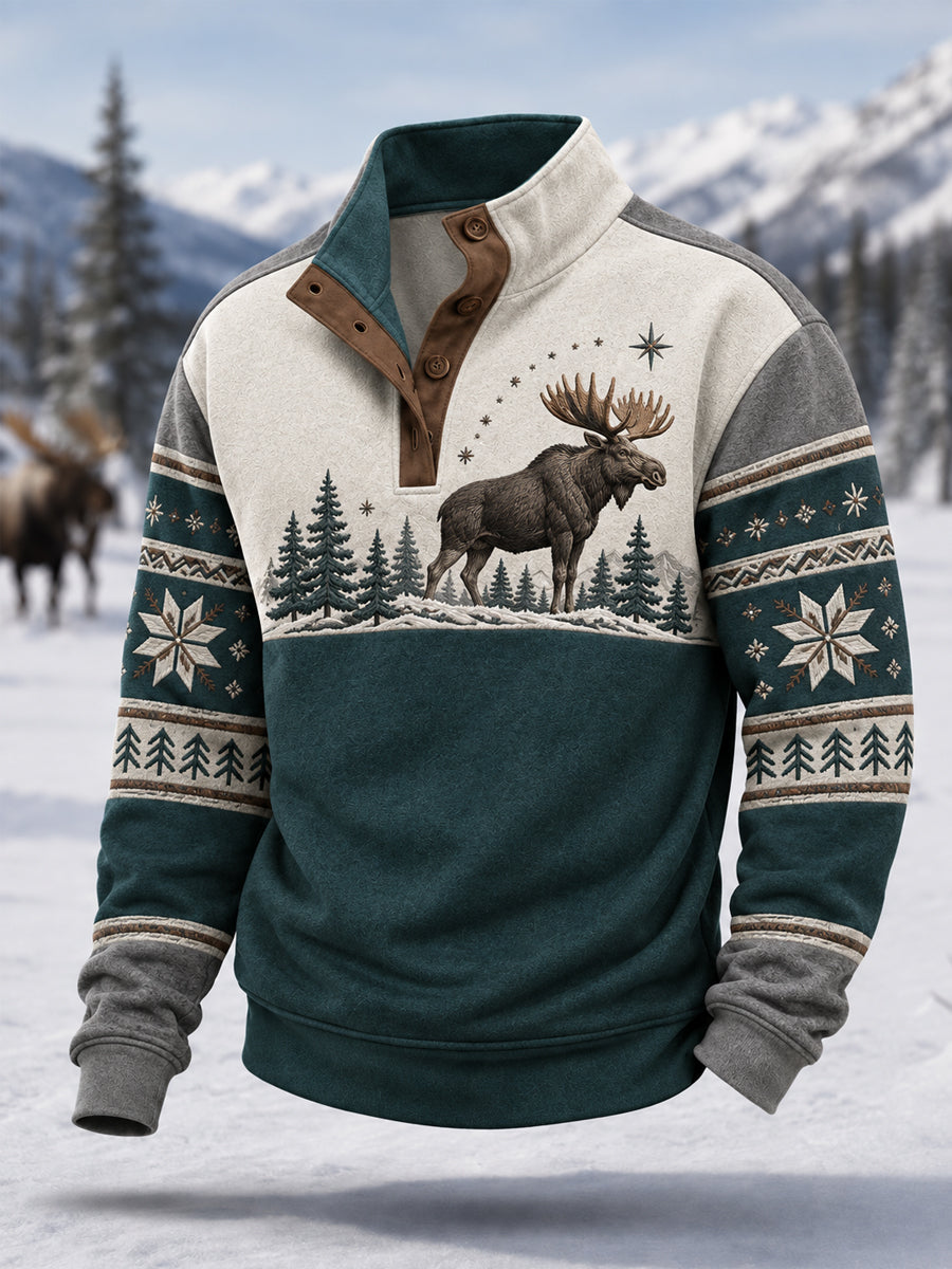 Herren-Winterpullover mit Elchdruck, lässig, mit Knöpfen