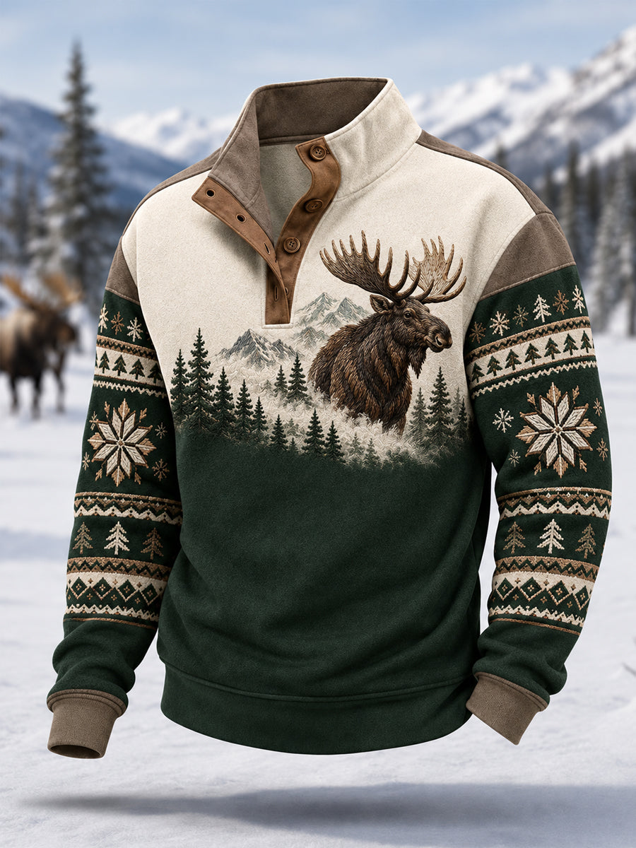 Herren-Winterpullover mit Elchdruck, lässig, mit Knöpfen