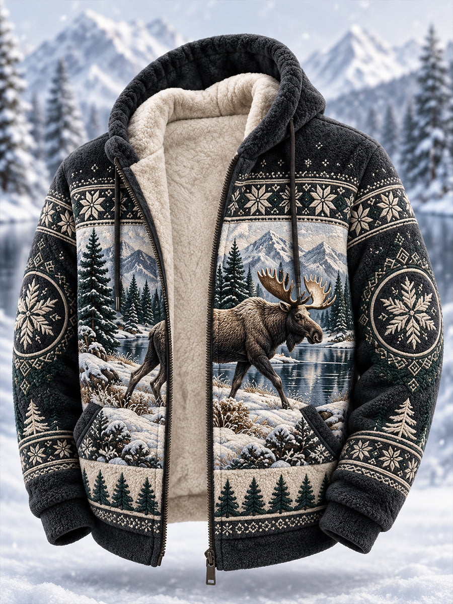 Herren-Kapuzenjacke mit Fleecefutter und nordischen Waldtiermotiven