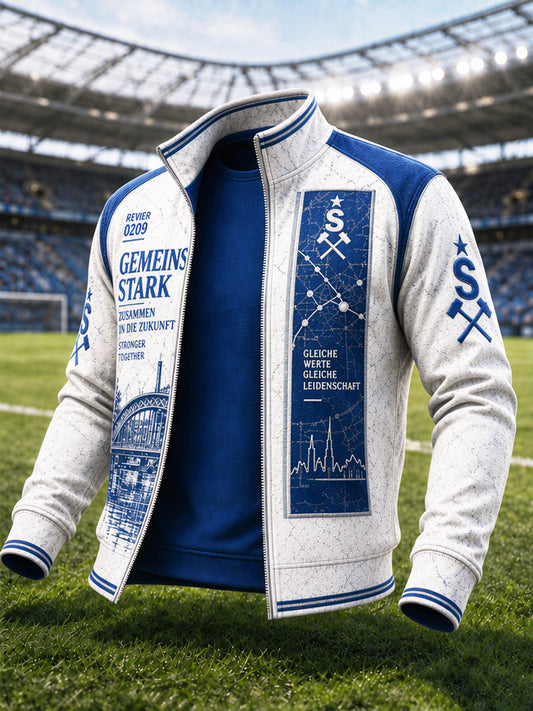 Herrenweiße Freizeitjacke der deutschen Bundesliga mit Schalke-Fußballmotiv und Reißverschluss
