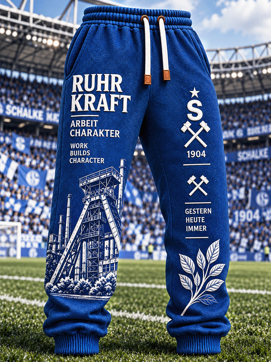 Dunkelblaue, freizeitliche Sporthose für Herren mit Fußballmotiv der deutschen Bundesliga Schalke