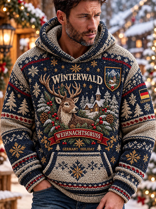 Grafischer Strickkapuzenpullover für Herren mit Weihnachtsmotiv