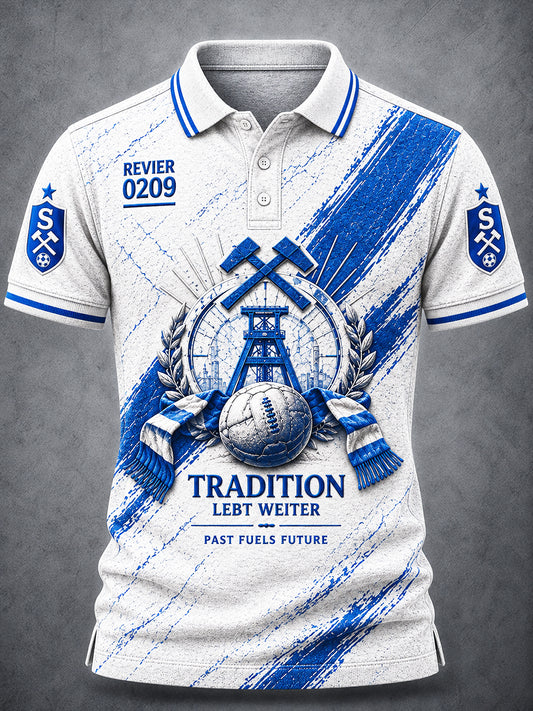 Herren-weißes, in der deutschen Bundesliga inspiriertes Schalke-Fußball-Polo-Shirt mit Aufdruck, lässiger Stil