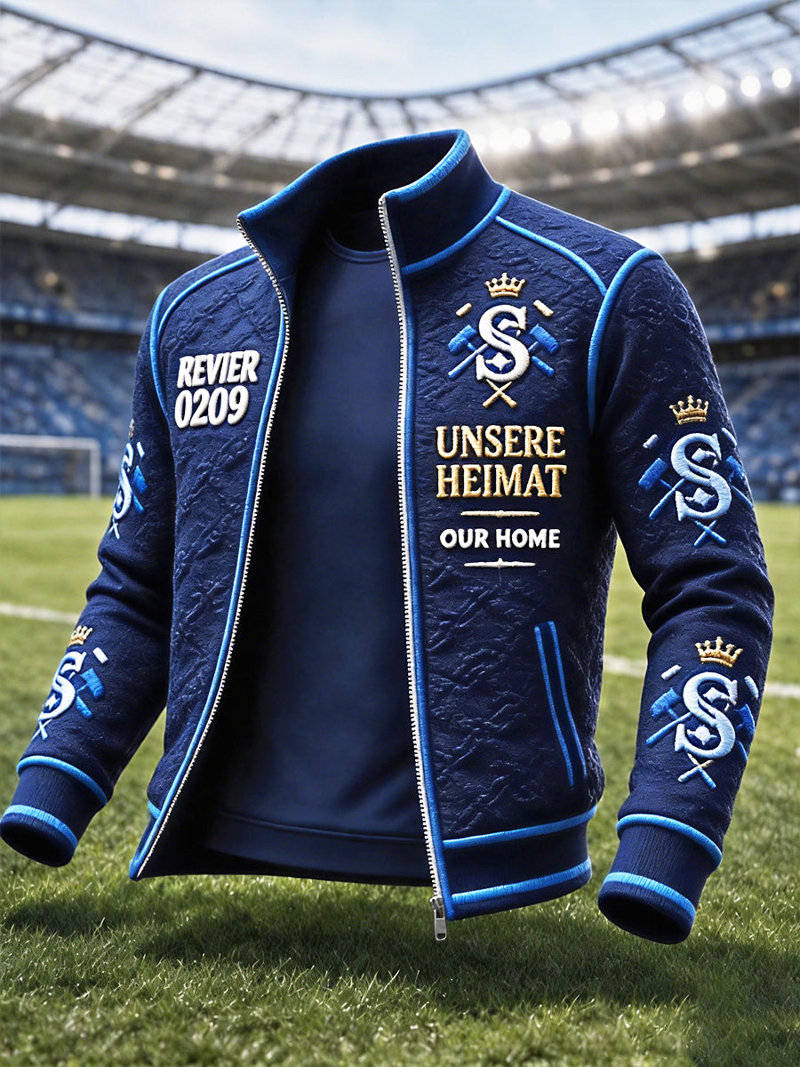 Dunkelblaue Freizeitjacke für Herren der deutschen Bundesliga Schalke mit Fußball-Print und Reißverschluss
