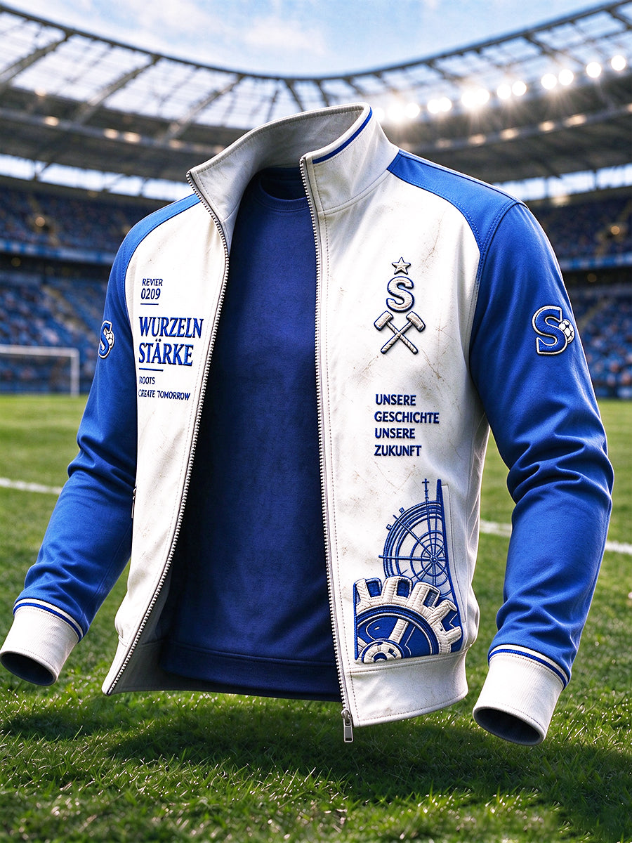 Herren-Bundesliga-Schalke-Fußball-Patchwork-Print Freizeitjacke mit Reißverschluss