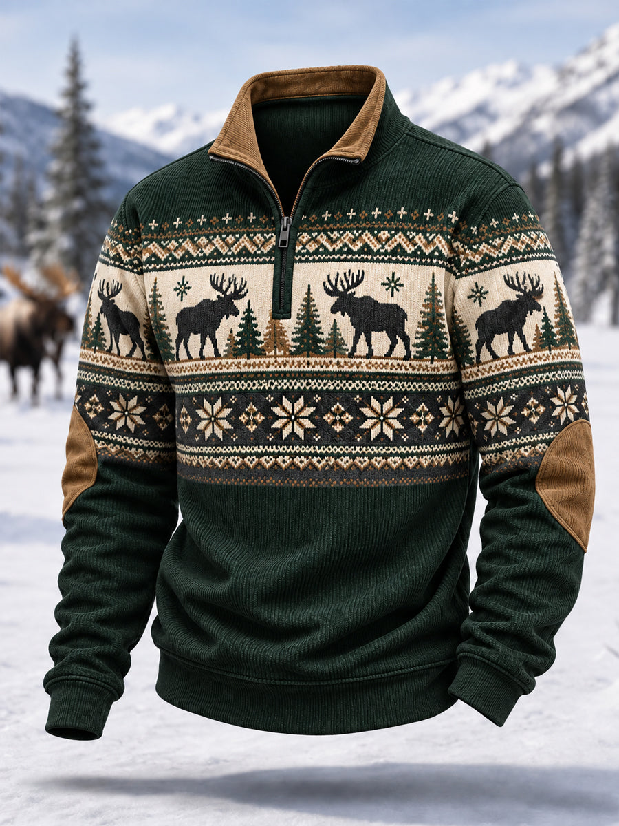 Herren-Winterpullover aus Cord mit Elch-Print und Reißverschluss, lässiger Stil