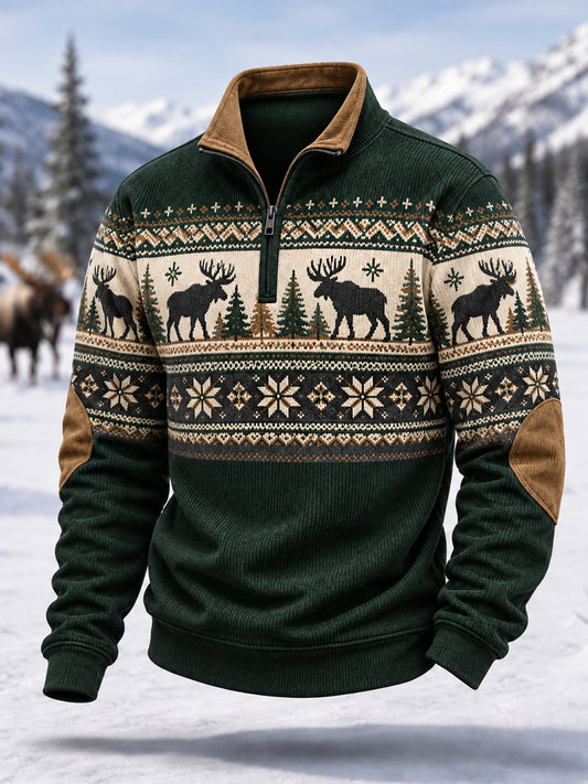 Herren-Winterpullover aus Cord mit Elch-Print und Reißverschluss, lässiger Stil