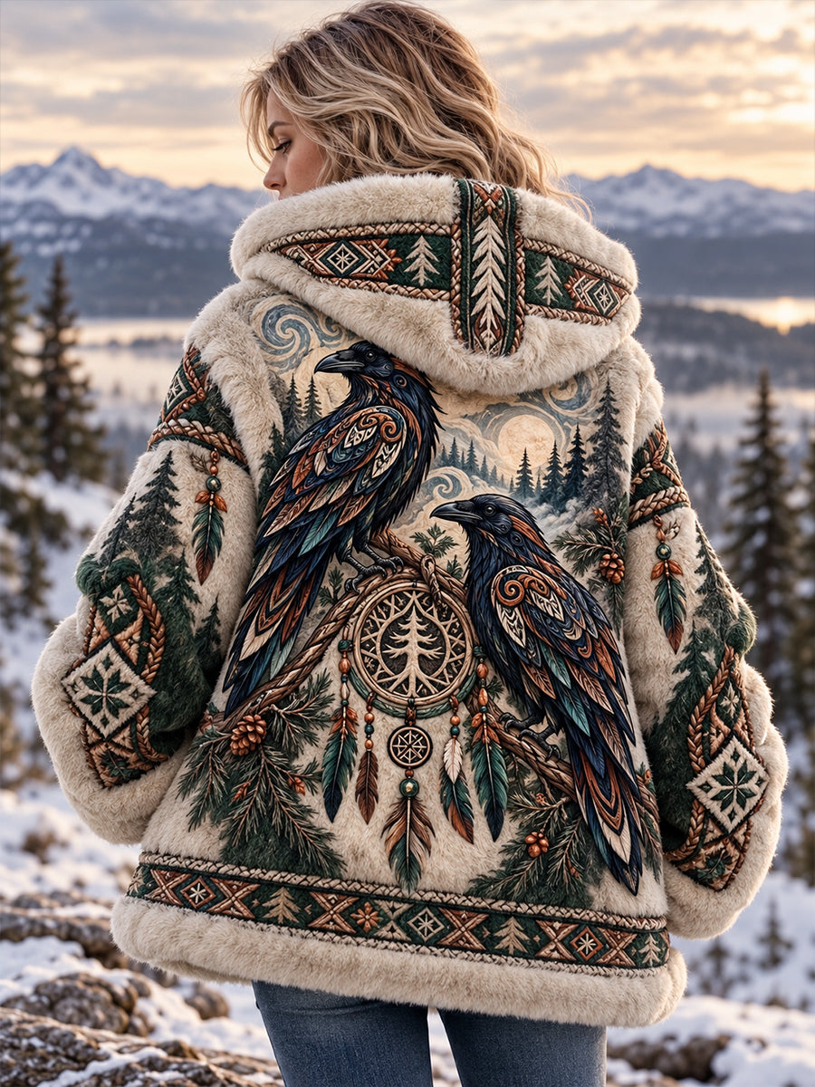 Damen-Flanelljacke im nordischen Stil mit Tiermuster und Kapuze