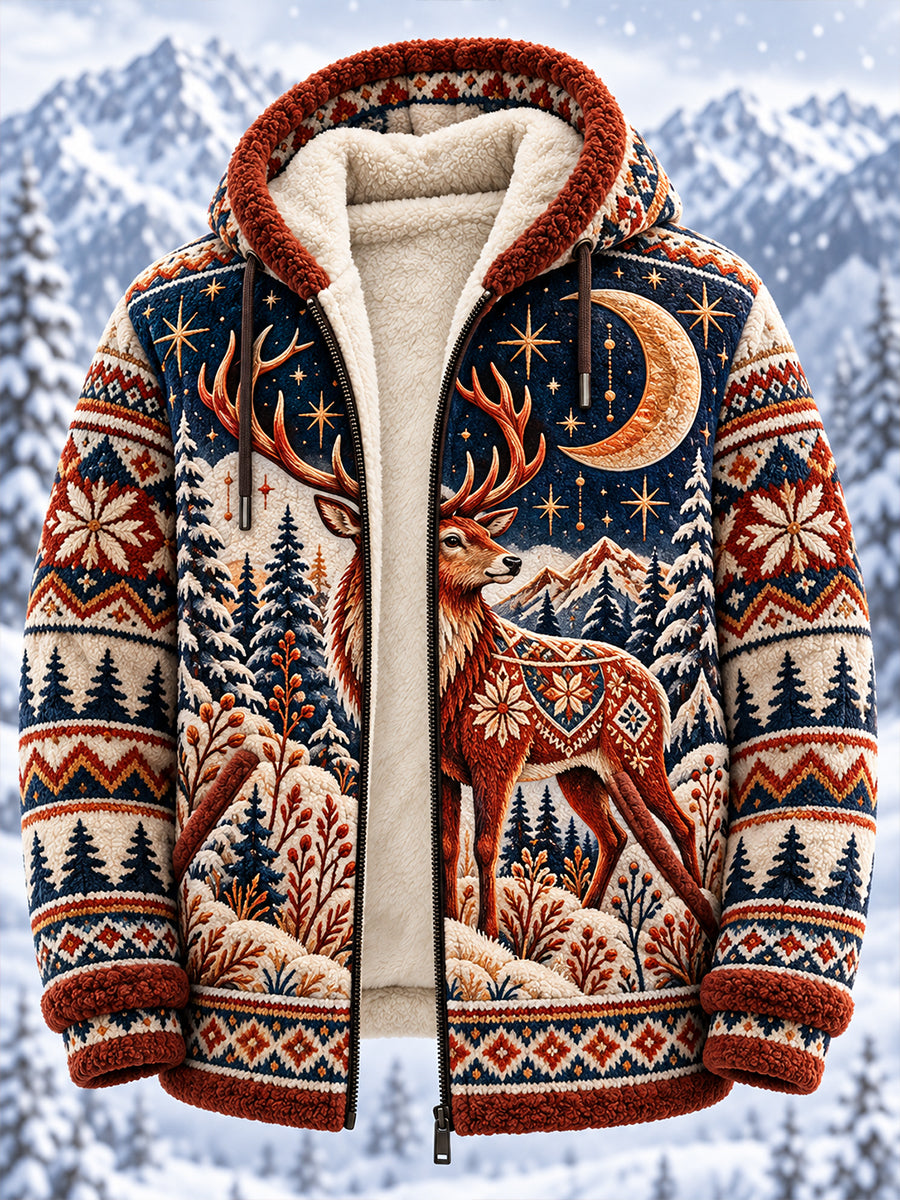 Herren-Flanelljacke im nordischen Stil mit Tiermuster und Kapuze