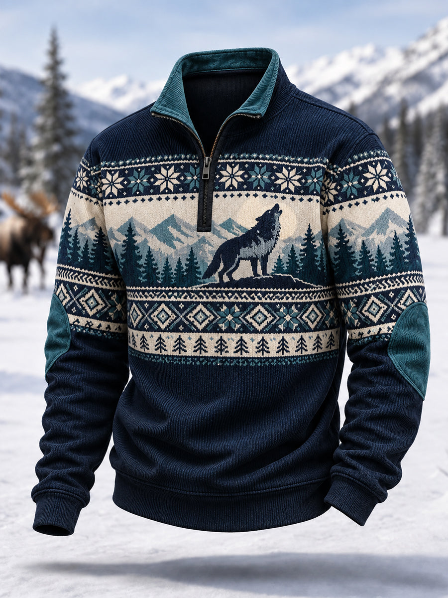 Herren-Winterpullover aus Cord mit Wolfsmuster und Reißverschluss, lässiger Stil