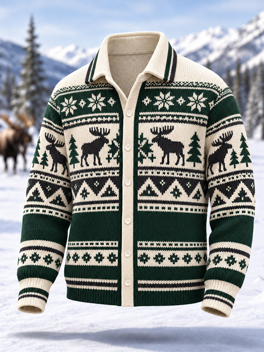 Herren-Winter-Strickjacke mit geometrischem Elch-Totem-Muster, lässiger Stil