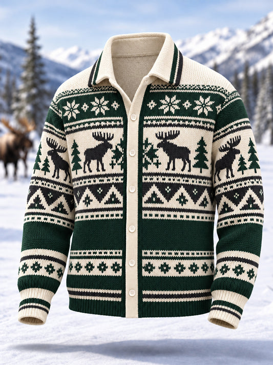 Herren-Winter-Strickjacke mit geometrischem Elch-Totem-Muster, lässiger Stil