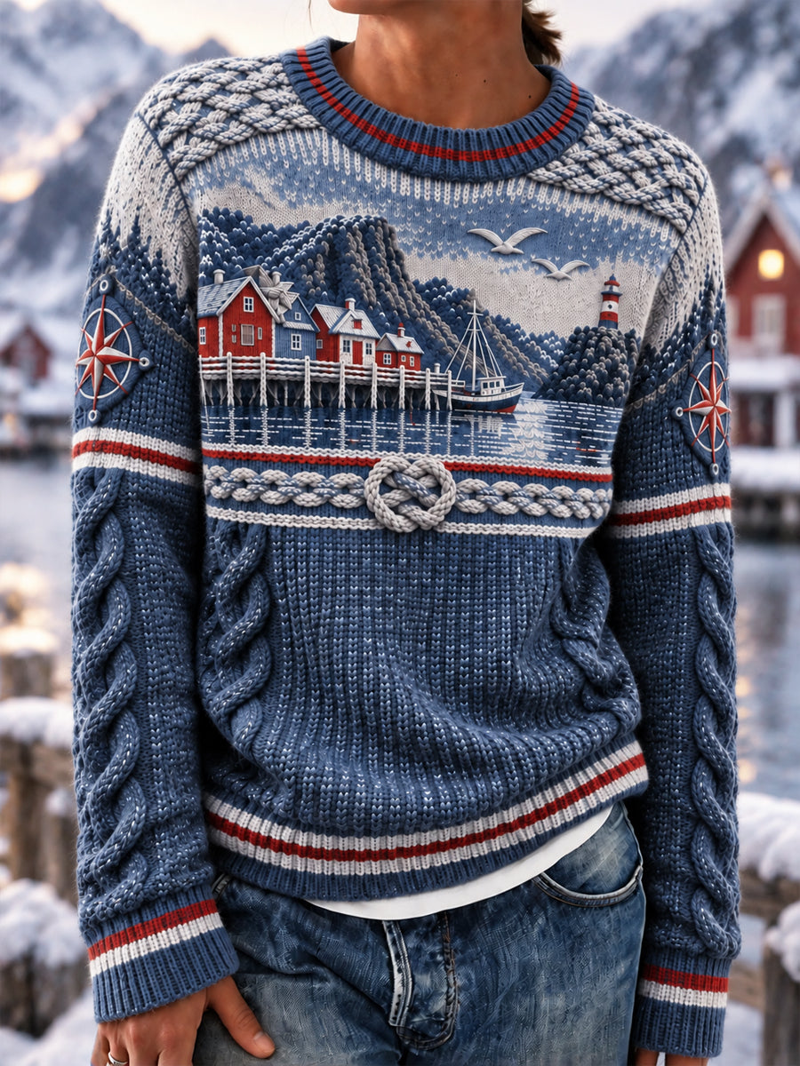 Retro Nordic Coastal-inspiriertes Rundhals-Top für Frauen