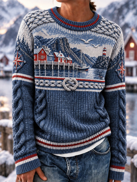 Retro Nordic Coastal-inspiriertes Rundhals-Top für Frauen