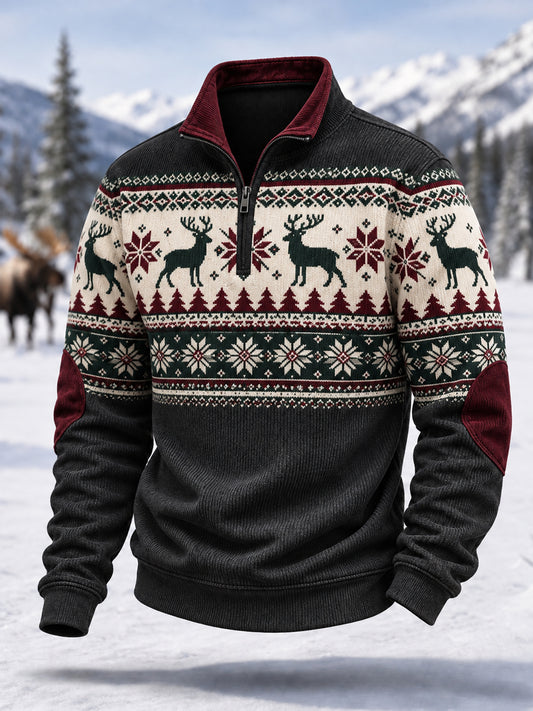 Herren-Winterpullover aus Cord mit Hirschdruck und Reißverschluss, lässiger Stil