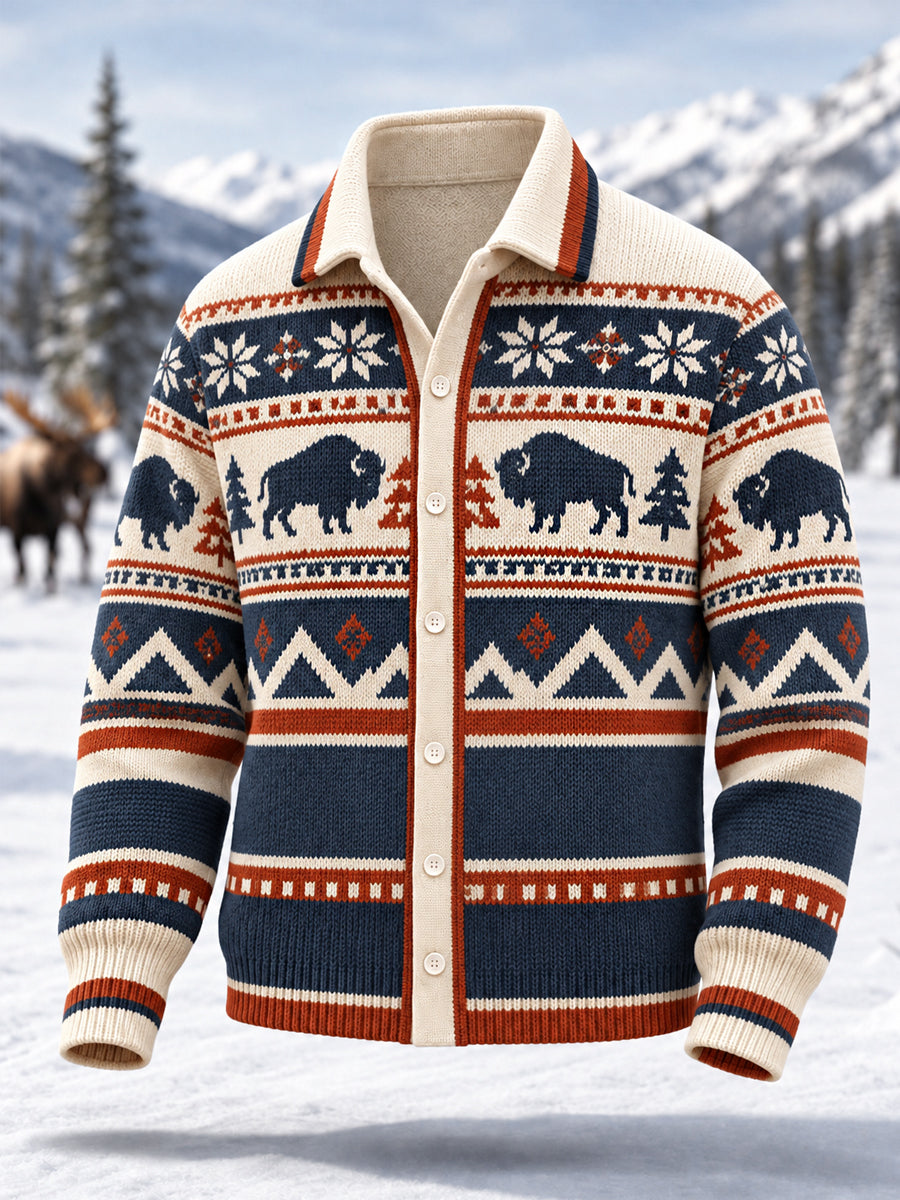 Herren-Winter-Cardigan mit geometrischem Büffel-Totaldruck, lässig