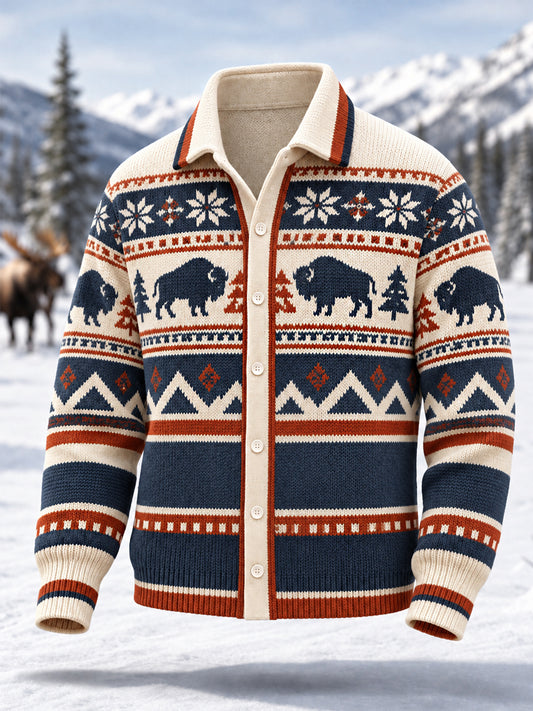 Herren-Winter-Cardigan mit geometrischem Büffel-Totaldruck, lässig