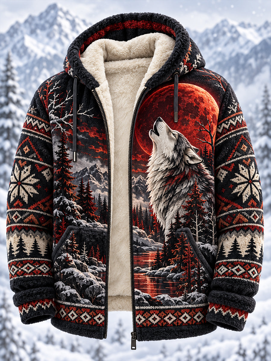 Herren-Flanelljacke im nordischen Stil mit Tiermuster und Kapuze
