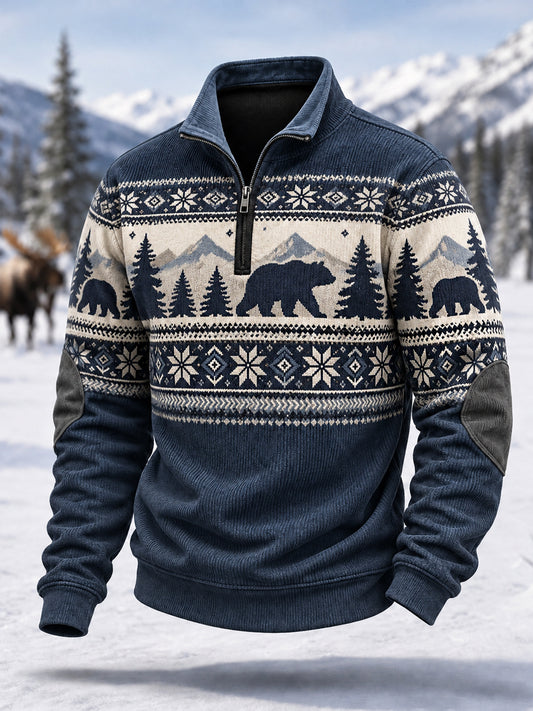Herren-Winterpullover aus Cord mit Bärenmuster und Reißverschluss, lässiger Stil