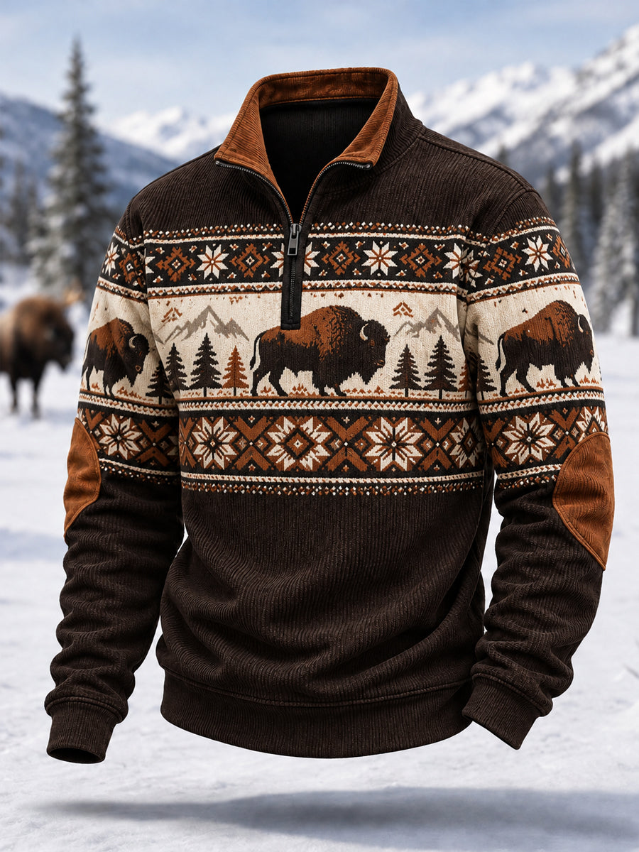 Herren-Winterpullover aus Cord mit Bisonsmuster und Reißverschluss, lässiger Stil